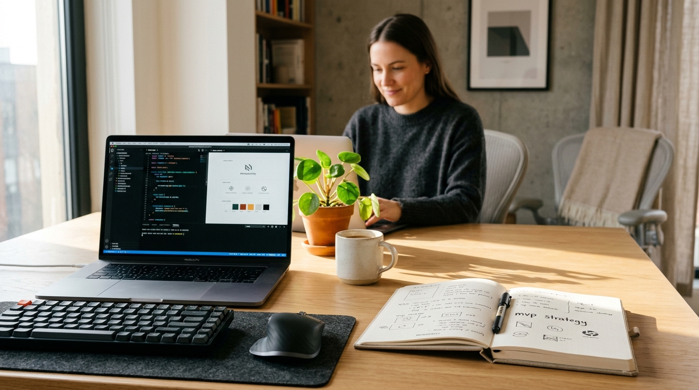 Bhuvesh's coding and venture development workspace with laptop and design notebook