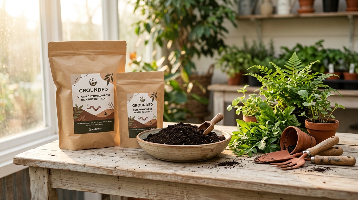 Orgelix Vermicompost organic fertilizer packaging, black soil humus, and plant leaves